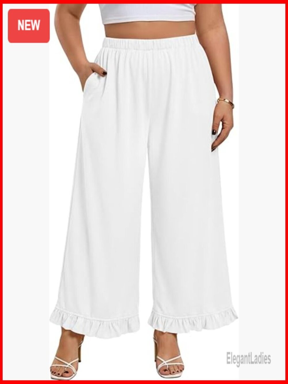 Plus Size High Waist Wide Leg Palazzo Pants with Pockets & Ruffle Hem